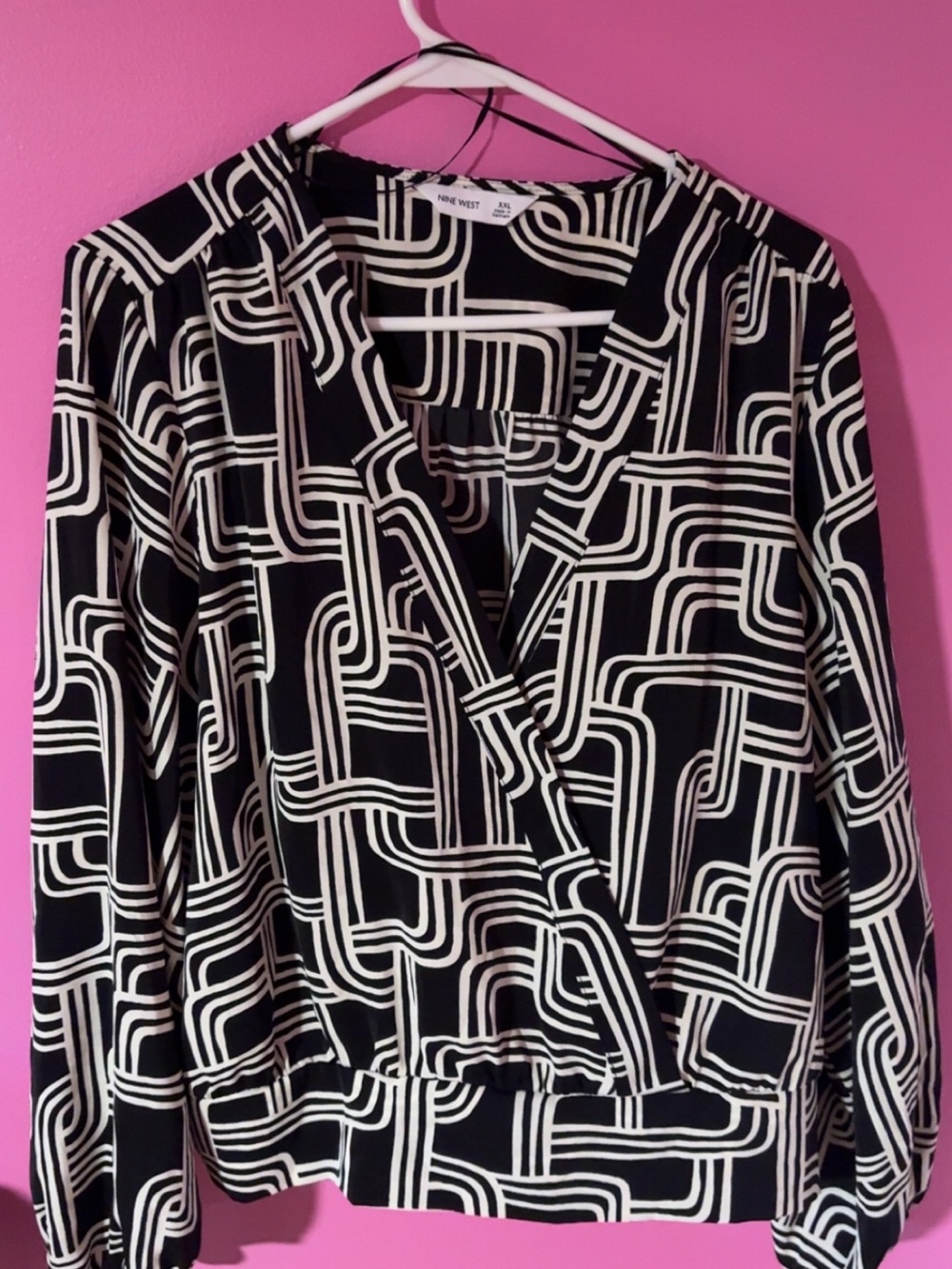 Nine West Black and White Geometric Surplice Blouse